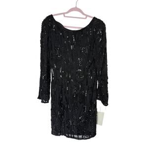 Vtg NWT Black Tie Oleg Cassini Black Beaded Long Sleeve Deep Back V Dress Size 8